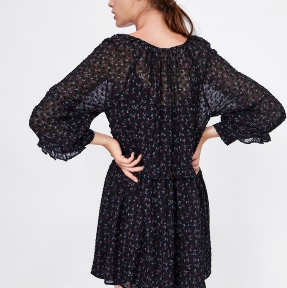 Zara Black Floral Tiered Dress Medium - Picture 2 of 8